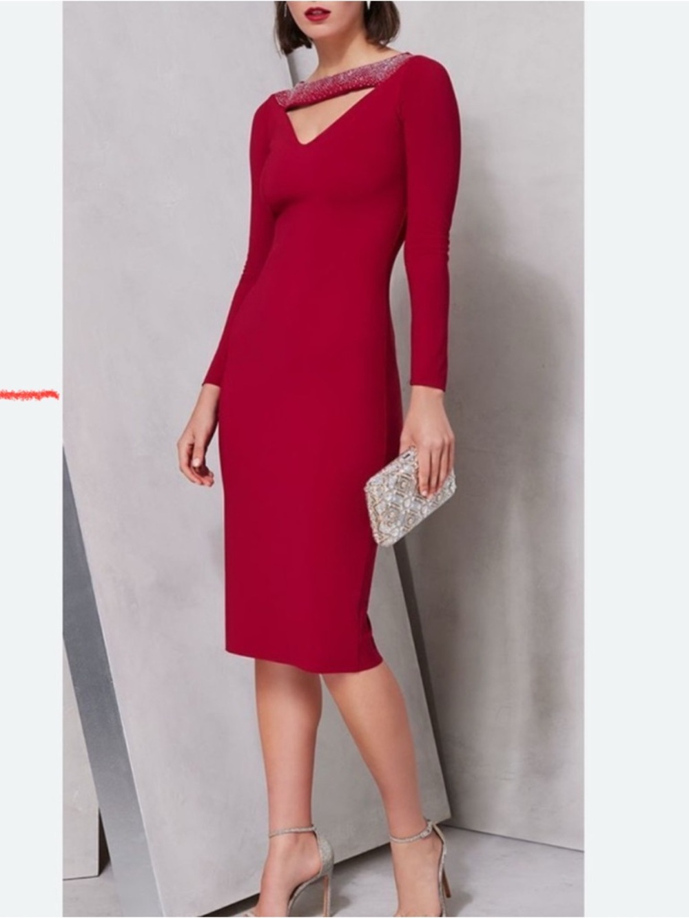 Elegant Red Long-Sleeve Midi Dress with Beaded Neckline